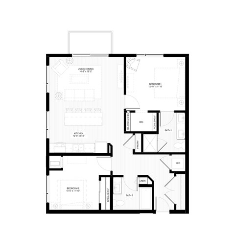 Floor plan for 2 beds, 2 baths, 1048 sqft